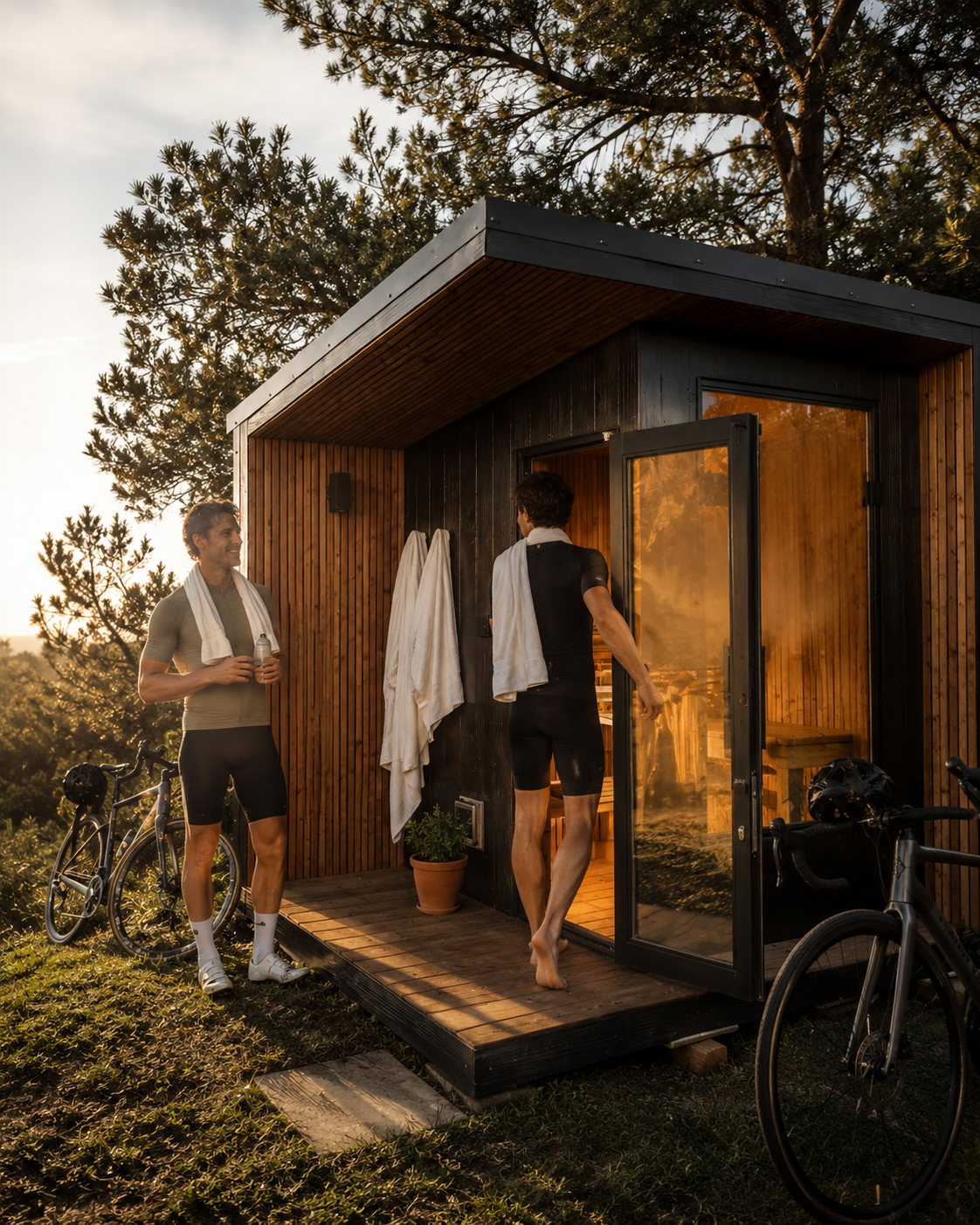 Cyclists at the sauna at golden hour
